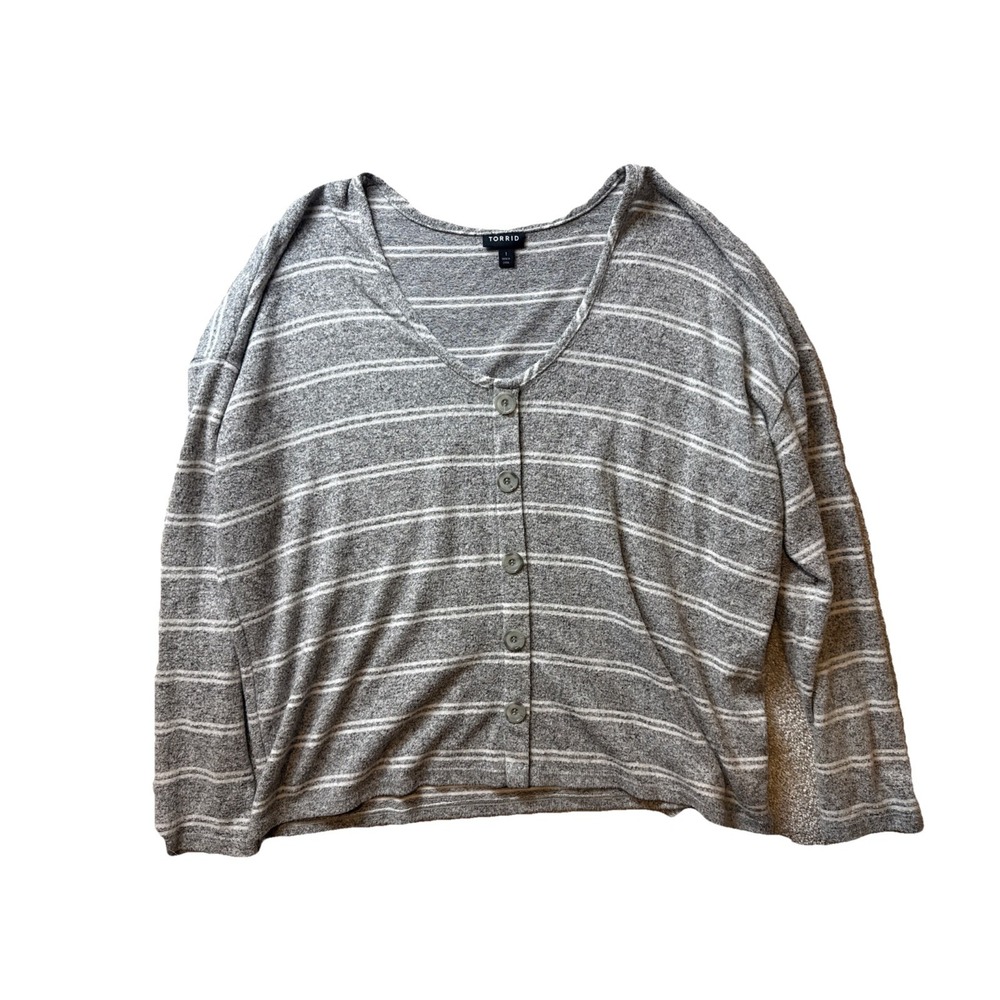 Torrid Faux Button Up Lightweight Size 1 (Large) Gray White Stripe Sweater